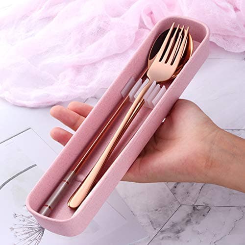 SBOMHS 18/10 Stainless Steel Portable Cutlery Chopsticks Spoon Fork Set with Case for School Home Office Camping Travel Outdoor Rose Gold — view 5