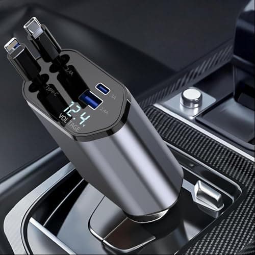 Retractable Car Charger,120W 4 IN 1 Super Fast Car Charger Adapter, Car Phone Charge with 2 Retractable Cable + USB/USB-C Ports and Voltage Display for i-Phone 16 15, i-Pad, Android etc — view 2