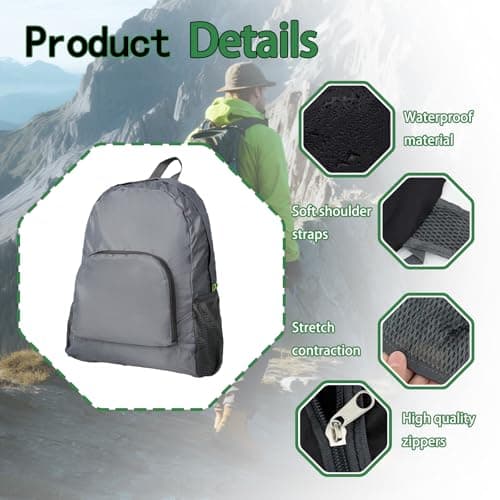 Ultra Lightweight Rucksack Small Backpack Foldable Compact Daypack, Gray — view 5