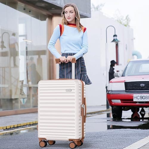 SHOWKOO Suitcase Sets 3 Piece Expandable Hardshell PC Luggage, Beige White — view 2