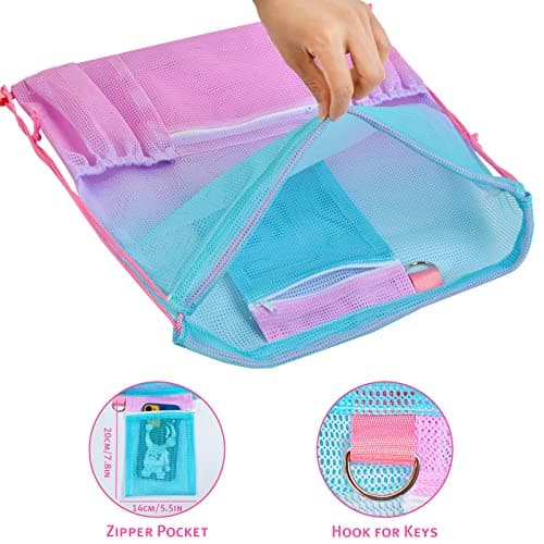 Mesh Drawstring Bag with Zipper Pocket, Beach Bag for Swimming Gear Backpack Gym Storage Bag for Adult Kids Pink Blue — view 5
