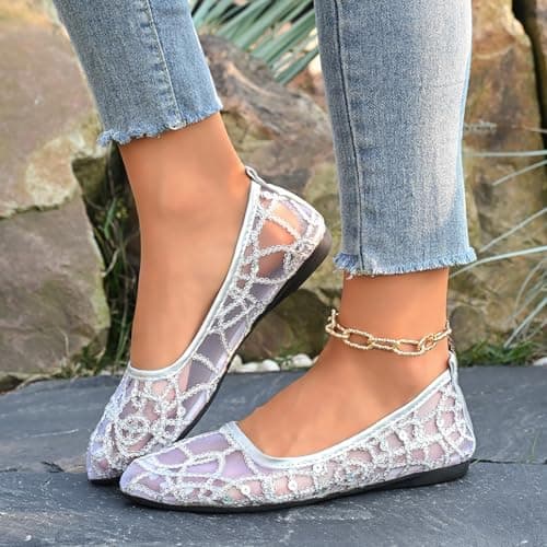 Mesh Ballet Flats for Women Pumps Orthopedic Sequins Dolly Shoes Wide Fit Round-Toe Non-Slip Breathable Summer Ladies Shoes Walking Office Holiday (Silver 6 UK/Foot Length 25cm) — view 2