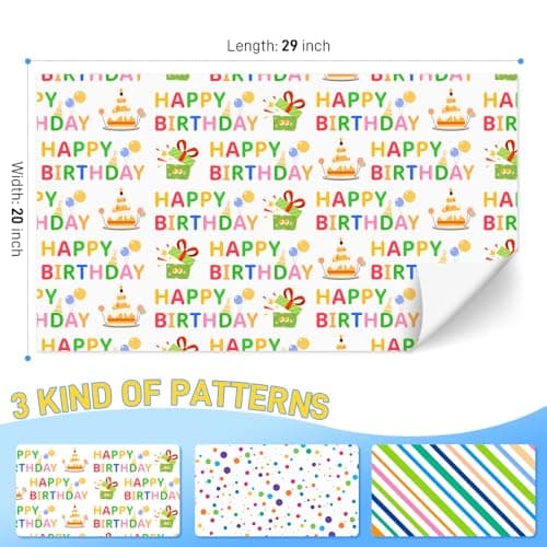 Isaspire Birthday Wrapping Paper Folder Set - 12 Sheets, 20x29 Inch Each, Adorned with Polka Dots, Stripes & 'Birthday' Charms for Boys, Girls, Women, Men, Ideal Gift Wrap for Holiday Party — view 5