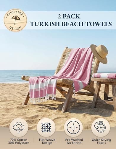 LANE LINEN Turkish Beach Towels, 2 Pack Extra Large Beach Towel, Pre-Washed for Soft Feel, Cotton Rich Oversized Sand Free Quick-Dry Pool Towel, Beach Towels For Adults, 39"x71" - Candy Pink — view 2