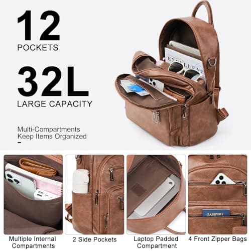 LATMAP 32L Vegan Leather backpack Women 14.5"x8.5"x16",Laptop Backpack for Women College Daypack Work Handbag Travel fits 14" Laptop Business,Brown — view 6