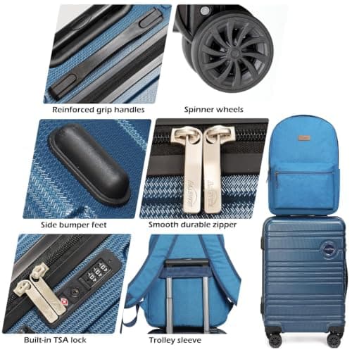 Aklsvion 20 Inch Suitcase Set PC Hard Shell Luggage Hand Luggage Travel Trolley Case Cabin Bag Sets 3 Piece Luggage Sets with Travel Backpack and Toiletry Bag for Short Travel (Navy Blue) — view 4