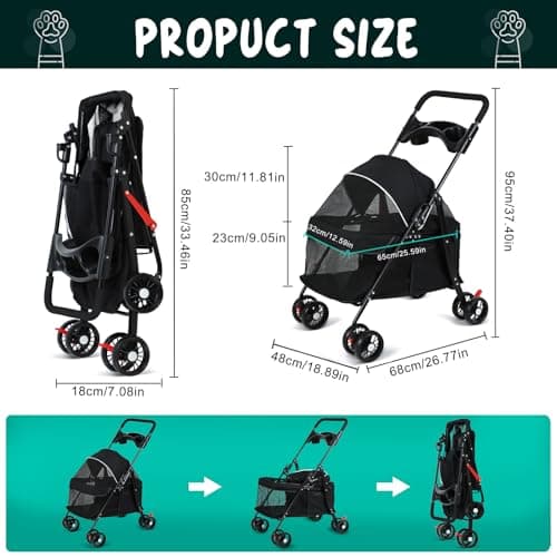 Pet Stroller, 4 Wheels Dog Buggy Cat Stroller, Outdoor Travel Pet Folding Strollers, Dog Cat Cage Strollers with Cup Holder, Breathable and Visible Mesh for Medium Small Dogs (Black) — view 2