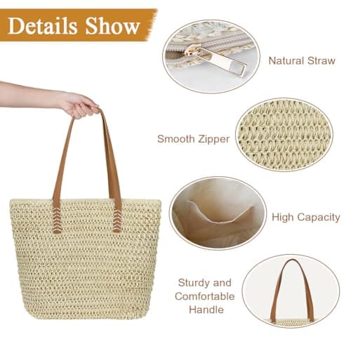 Aucuu Straw Shoulder Bag, Straw Bag for Women, Beach Bag, Large Zippered Handbag Tote Bag, Bohemian Summer Handheld Shoulder Bag for Outdoor Travel and Beach (Off White) — view 5