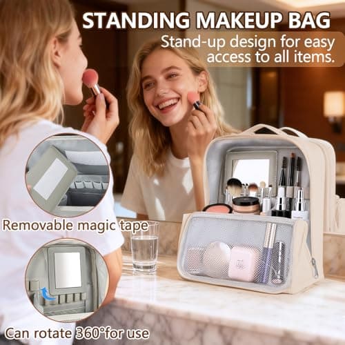 Travel Makeup Bag, CS COSDDI Make Up Bags for Women Large Capacity Cosmetic Bags Waterproof Toiletry Bag with Luggage Compartment Tie and Detachable Mirror, Leather Portable Standing Makeup Bag — view 4