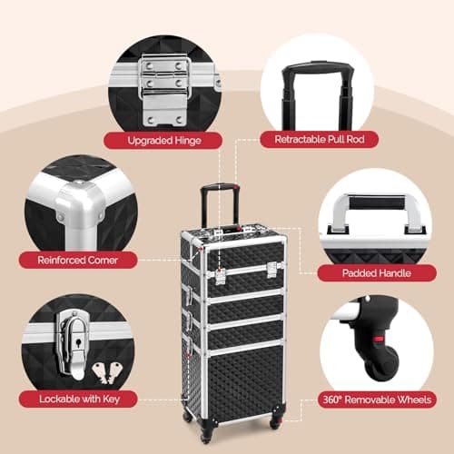 Bonnlo 4 in 1 Rolling Makeup Train Case, Aluminum Makeup Travel Organizer Cosmetic Case, Cosmetology Display Suitcase on Wheels, Beauty Storage Luggage Lockable w/4 Removable Wheels - Black & Silver — view 4