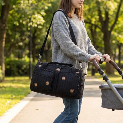 YUNYOUC Nappy Bag Tote, Hospital Maternity Bag, Large Capacity Baby Changing Bags with Shoulder Strap for Labour and Delivery Travel Weekend Overnight Tote, Cute Bear Print(Black) — view 2