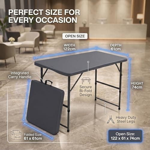 HomlyPro Heavy Duty 4FT Folding Table 120x60cm, Grey, Plastic Folding Desk Portable as Camping Table, Picnic, BBQ, Garden Outdoor and Indoor Utility Surface — view 2