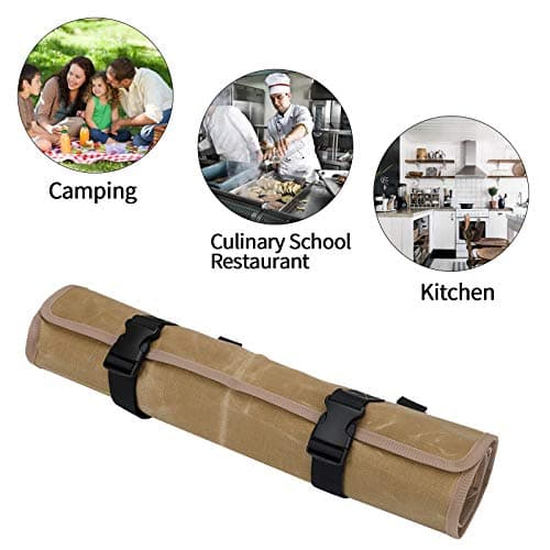 QEES Chefs Knife Roll Bag 11 Slots, Heavy Duty Waxed Canvas Knife Bag, Waterproof Knife Case for Camping, Hiking, Multi-function Tool Roll Bag (Khaki) — view 4