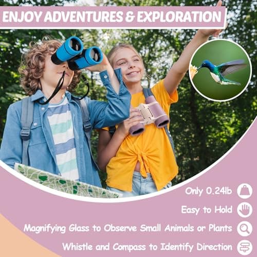 Binoculars for Kids, Kids Binoculars toys for 3 4 5 6 7 8 Years Boys and Girls, Set with Magnifying Glass & Compass - Birthday Gifts Outdoor Toy for Kid Ages 3-8 Toddler Camping (pink) — view 2