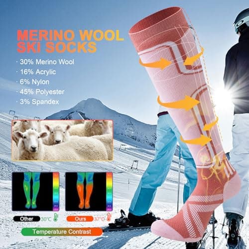 Cirorld 2 Pairs of Merino Wool Ski Socks for Men, Warm Wool Thermal Socks Unisex, Thick Winter Socks for Cold Weather, Snow, Skiing, Snowboarding, Hunting, Hiking, Pink&Purple 6-8 — view 3