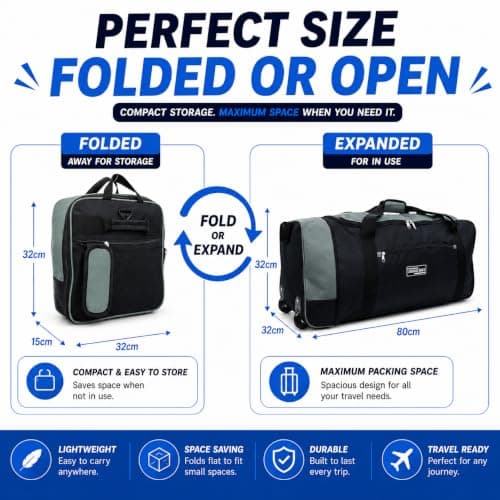 Large Holdall with Wheels, 82L Wheeled Duffle Bag, Black Rolling Travel Bag, Soft Luggage with Zipped Pockets for Holidays, Weekend Trips, Sports, Gym & Overnight Travel — view 5