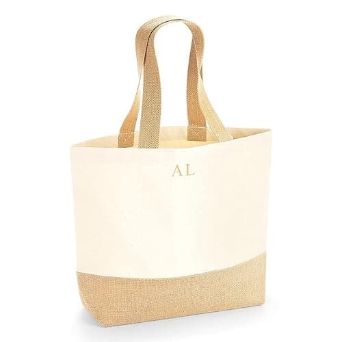 Chicken Craft Personalised Initial Tote Bag for Women with up to 3 letters - Custom Large Jute Beach Bag with Black or Gold writing