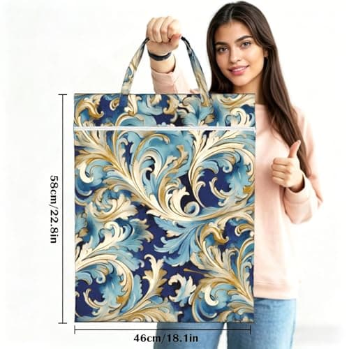 Elegant Blue Gold Florentine Travel Laundry Bag With Handle, 1 Pc Large Waterproof Dirty Clothes Bags With Zipper, Foldable Swimsuit Workout Bag Washable Wet Clothes Storage Organizer For Dorm — view 3