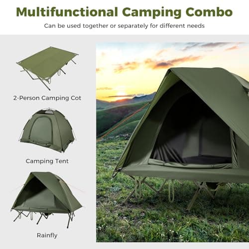 COSTWAY 2 Person Foldable Camping Tent, Elevated Tent Cot with Camping Bed, Waterproof Rainfly, 2 Mesh Doors and Wheeled Bag, Portable Outdoor Dome Tent (Round, 194 x 145 x 150 cm) — view 2