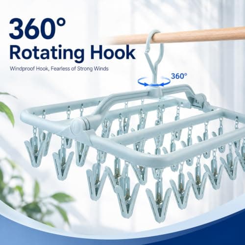 Lightista Clothes Drying Hanger with 32 Clothes Pegs & 360° Rotatable Hook, Multi-purpose Foldable Drip-Dry Sock Rack for Washing Line, Plastic Peg Hanger for Socks, Underwear, Bras, Baby Clothes — view 3