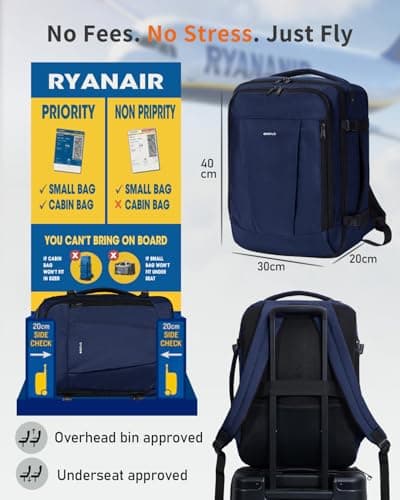 ECOHUB Ryanair Cabin Bags 40x30x20, Underseat Travel Bag with 9 Pockets, Recycled PET Eco Friendly Hand Luggage Backpack, Lightweight Rucksack for Women & Men, Carry on Bag with USB Port, 20L, Blue — view 2