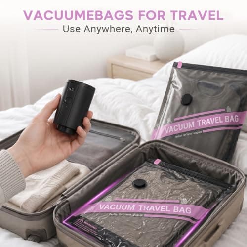 ZOESTORAGE Vacuum Bags for Travel with Electric Pump, 18 Pack Travel Vacuum Bags with Pump for Clothes, Luggage, Blankets, Vacuum Storage Bags for Clothes (5L, 5M, 5S, 3 Shoe Bags), Pink — view 3