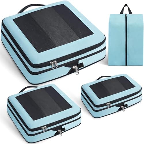 Prezon Large Compression Packing Cubes, Full Open Visible Design, Expandable Packing Organizer with Travel Shoe Bag for Suitcase & Backpack, 4 Set Lightweight Travel Bags for Vacation & Camping