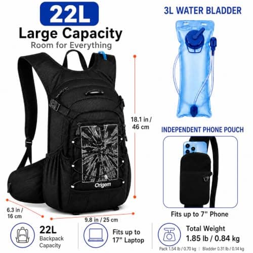 Origem 22L Hydration Backpack with 3L Water Bladder & Rain Cover Men Women — view 4