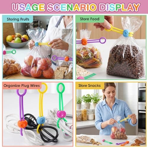 20 Pcs Reusable Food Bag Clips & Cable Organisers, Adjustable Multi-Purpose Silicone Tie Straps, Quick-Release Wire Tidies & Bread Bag Sealers for Kitchen, Home, Desk & Travel (Random Colours) — view 6