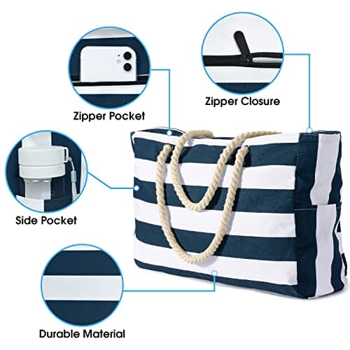 oscaurt Beach Bag, Large Beach Bags for Women, Waterproof Beach Tote Bags with Zip and Rope Handle, Summer Beach Bags Holiday Essentials Travel Bag Shopping Shoulder Handbags for Pool Gym Picnic — view 4
