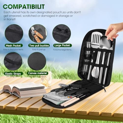 Portable Camping Cooking Utensils Set, 36 Pcs Stainless Steel Camping Kitchen Utensil Organizer, Cutting Board, Bottle Opener and Storage Bag Camping Accessories for Hiking Travel Picnic Gifts — view 3
