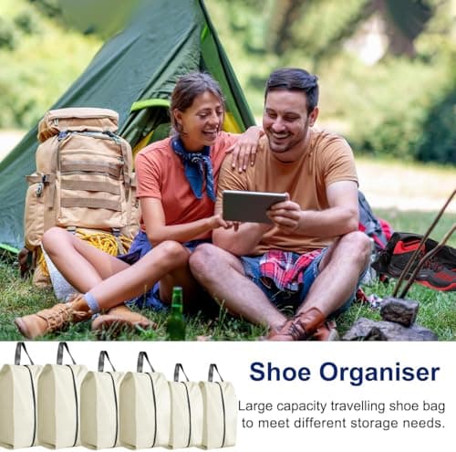 CJWLKJ 6Pcs Multi-Size Travel Shoe Bags Portable Travel Gifts Shoe Organizer with Zipper Closure, Waterproof Nylon Shoe Storage Organizer with Handle Travel Bags for Men and Women, Beige — view 5