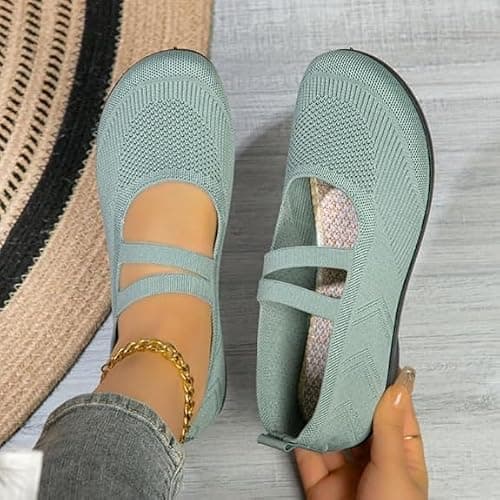 Women's Casual Knitted Mary Jane Flats Shoes, Comfortable Breathable Mesh Walking Ballet Shoes, Lightweight Breathable Slip-On Walking Shoes for DailyWeddings Travel Casual (Green,4) — view 4