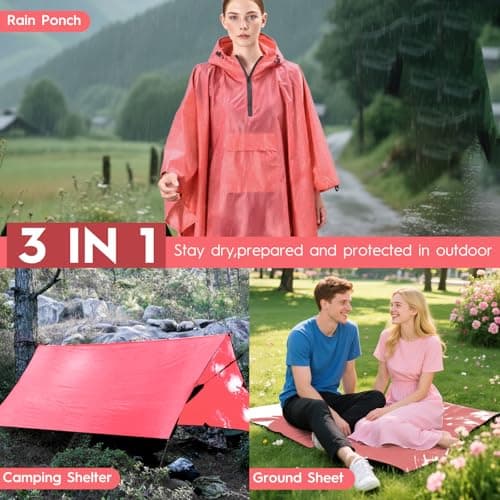 Bruvoalon Multi-functional Waterproof Rain Poncho with 1/4 Zip & Chest Pocket, 3-in-1 Outdoor Rain Poncho, Sunshade, & Ground Mat for Adults Emergency Outdoor, Burgundy — view 2