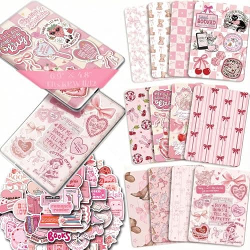 VelvetGlow 12PCS Inserts Cardstock for E-Reader Clear Case with 50PCS Scrapbook Stickers for Insert, 6.9"x4.8" Pink Bow Theme Back Cover Accessories for Paper White 11th-12th, Gifts for Booklovers