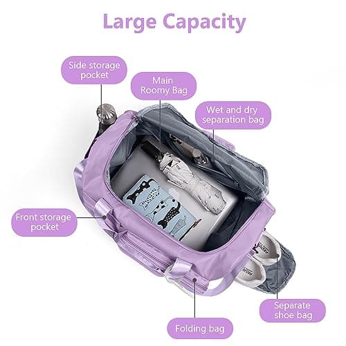 Foldable Travel Duffel With Wet and Dry Separation - Lightweight Large Capacity Holdall for Gym, Sports, Hospital, Overnight Weekend - Purple — view 3