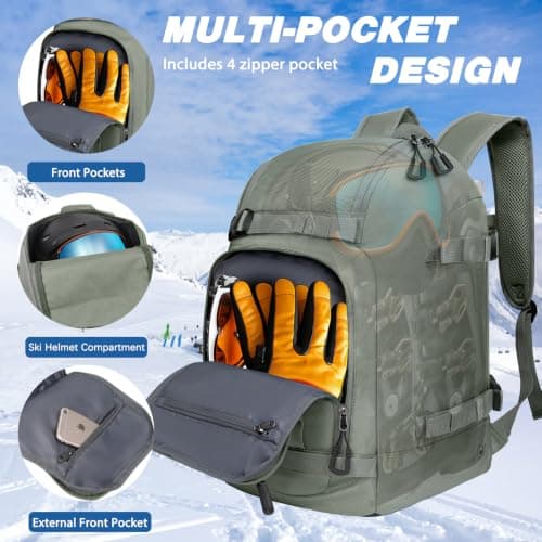 Goloni 50L Ski Backpack, Water‑Resistant Ski Boot Bag,Olive — view 3