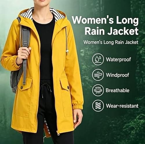 Waterproof Jacket Women Long Hooded – Softshell Rain Coat with Adjustable Waist & Cuffs, Breathable Windbreaker for Summer Spring Autumn, Ladies Lightweight Jacket S-5XL Black Navy Green — view 5