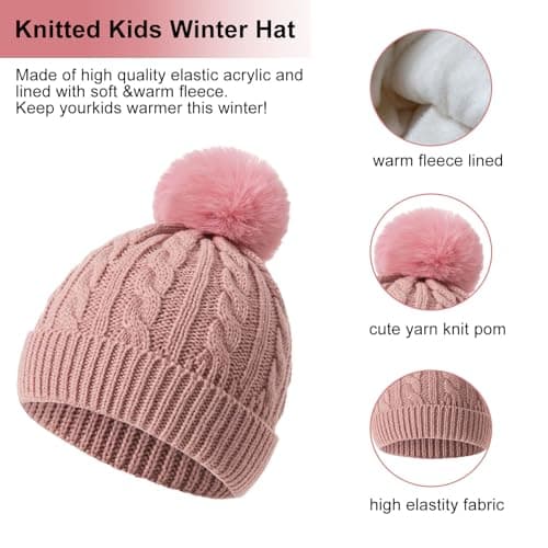 Kids Winter Beanie Hat Scarf Gloves Set, Fleece Lined Thermal Set(Pink) — view 3
