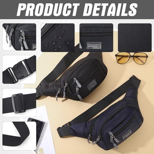 Vyuwast 2 Pack Bum Bag Bumbag for Men Women, 4 Zip Pockets, Waterproof — view 3