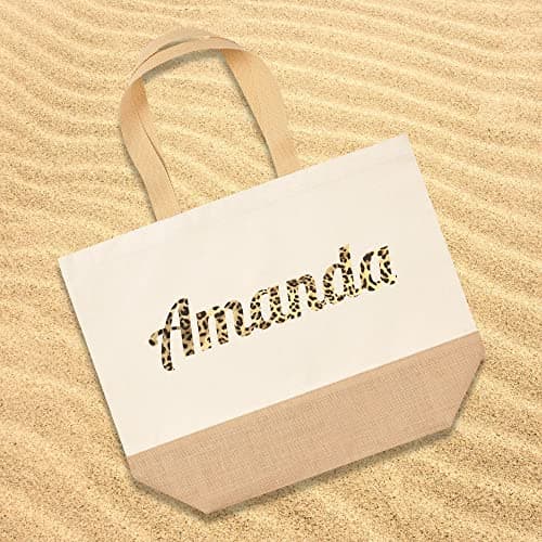 Leopard Print Name Personalised Beach Bag, Womens Shopping Bag Gifts for Her, Custom Multi Purpose Beach Esstentials, Accessory Travel Bags for Girls, Small, Natural — view 2