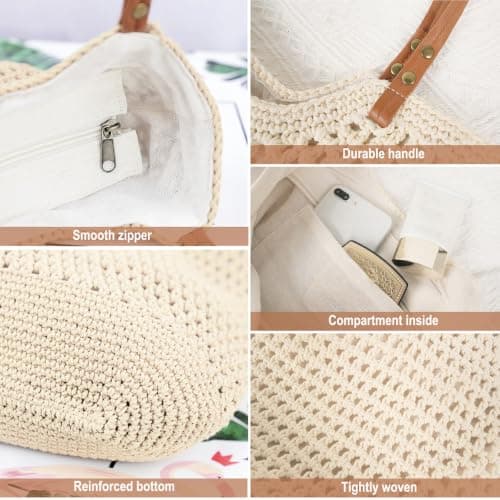 Crochet Beach Bags for Women, Large Capacity Summer Woven Beach Tote Bag Handbags Shoulder Bag, Handmade Boho Casual Knit Tote Bags for Beach Travel Holiday Vacation Work Shopping Daily Use (Beige) — view 4