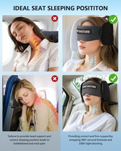 Travel Pillows for Airplanes, Plane Pillow with Eye Mask for Long Flights Sleeping, 360° Support Airplane Head Strap Compact Flight Essentials for Travel Sleep Neck Upright, Stop Head Bobbing (Grey) — view 3