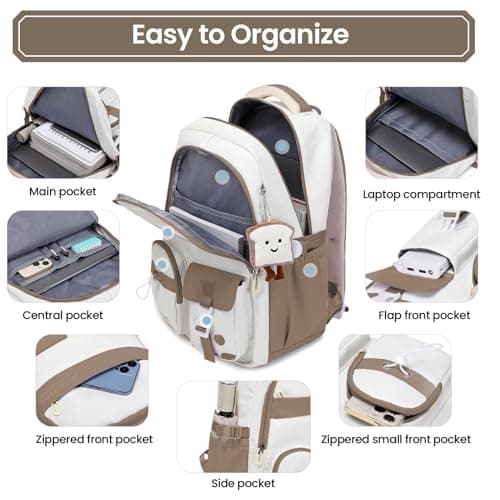 Amythe School Backpacks for Girls with Pendant, Water-Resistant, Brown — view 3