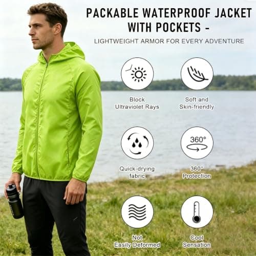 ADUDVLO Men's Lightweight Waterproof Jacket with Pockets, Packable Hooded Windproof Rain Jacket for Travel, Running & Hiking – Includes Carry Pouch (UK, Alpha, XS, Regular, Regular, Green) — view 3