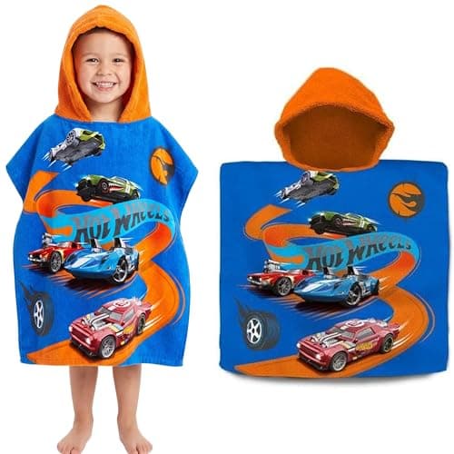 SRV Hub Hot Wheels Kids Hooded Towel Poncho 120x60cm | Boys Bathrobe for Swimming Pool, Surf & Beach | Soft Cotton Changing Towel for Ages 3-6 | Summer Car-Themed Fun