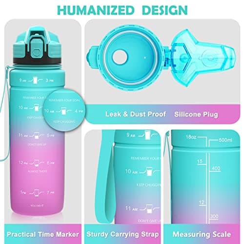 Zounich Sports Water Bottle Kids with Times to Drink Leakproof 1L / 700ml / 500ml 1Litre Drink Bottles BPA Free Motivational Adults, Gym, School, Running, Travel, Girls, Boys Filter Reusable — view 2