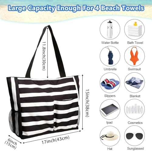 TAHAVICE Beach Tote Bags for Women with Zip, Large Waterproof Beach Bag with Pocket, Summer Beach Bags for Travel, Shopping, Pool, Gym — view 3