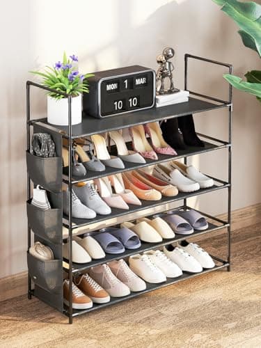 GreenWhim 5 Tier Shoe Rack, Shoe Storage Organiser with Side Storage Bag, Metal Storage Rack 83 x 28 x 88cm, Upright or Upside Down, Fits 20 to 25 Pairs, Stackable for Hallway (5 Tier) — view 2