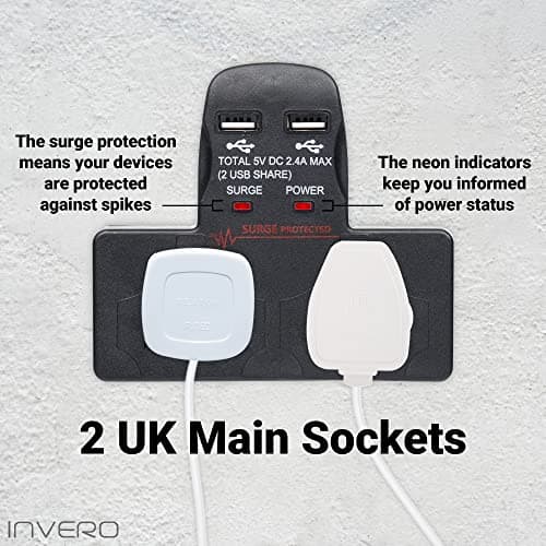 Invero 2 Way Gang Cable-Free Multi-Plug 13A Wall Socket Adaptor with 2x USB Charging Ports 2.4A - Surge Protected - Neon Indicator - Black — view 2